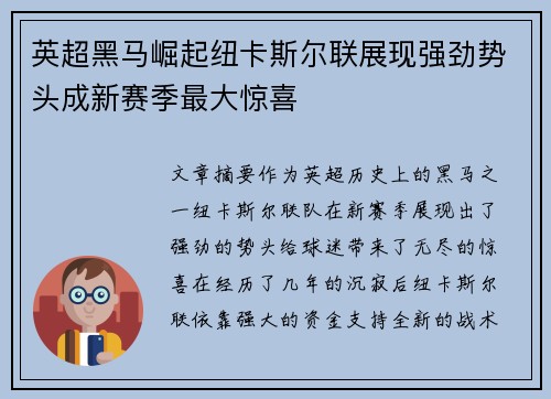 英超黑马崛起纽卡斯尔联展现强劲势头成新赛季最大惊喜