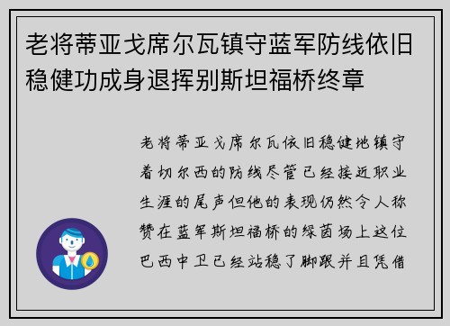 老将蒂亚戈席尔瓦镇守蓝军防线依旧稳健功成身退挥别斯坦福桥终章