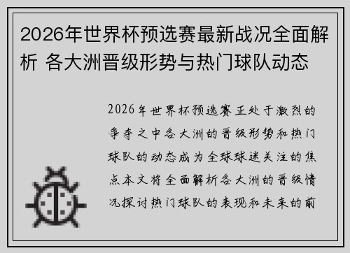 2026年世界杯预选赛最新战况全面解析 各大洲晋级形势与热门球队动态